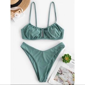 ZAFUL Ribbed High Cut Ruched Tie Bikini NWT